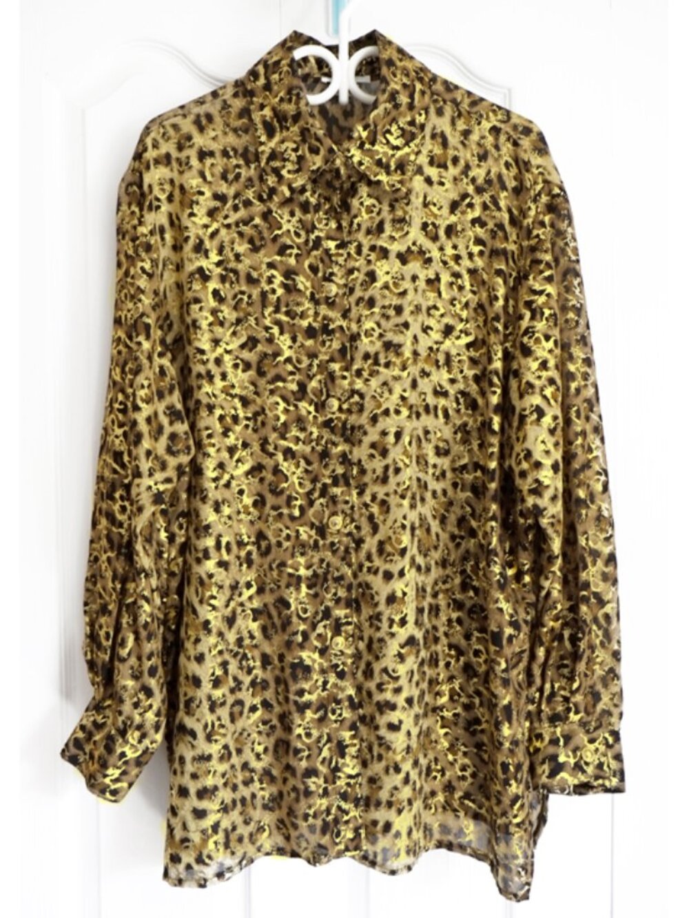 Vintage 1990s Marshall Rousso oversized leopart print and metallic gold blouse